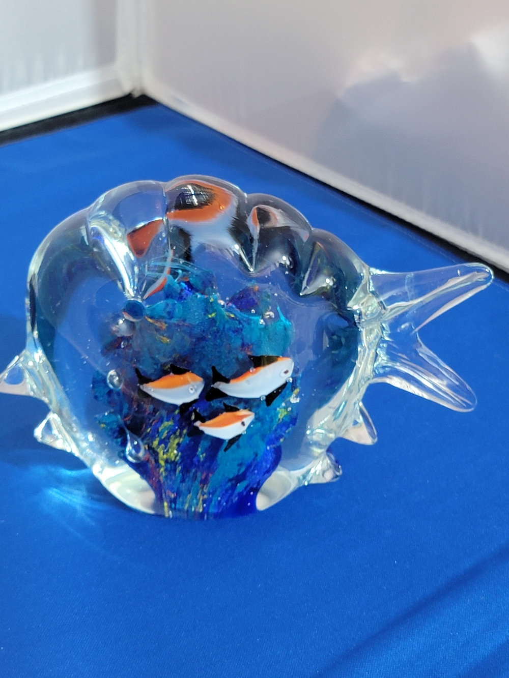 Source Unknown Glass Fish Paperweight - Blue with Orange Accents
